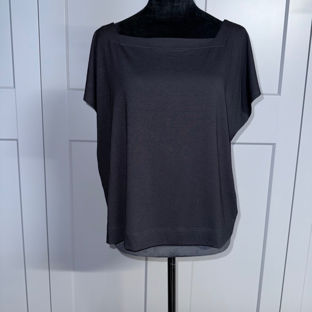 Eileen Fisher Black Boat Neckline Jersey Stretch Short Dolman Sleeve Top Large